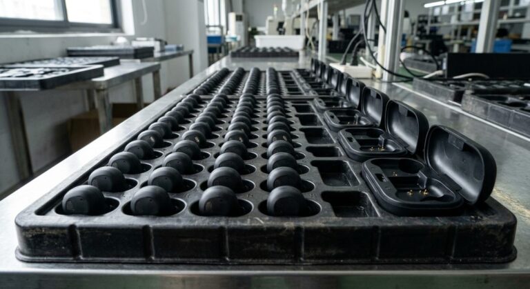 One Wireless Earbud Order, Followed from Enquiry to Delivery - Wireless earbud shells and charging cases in an assembly tray