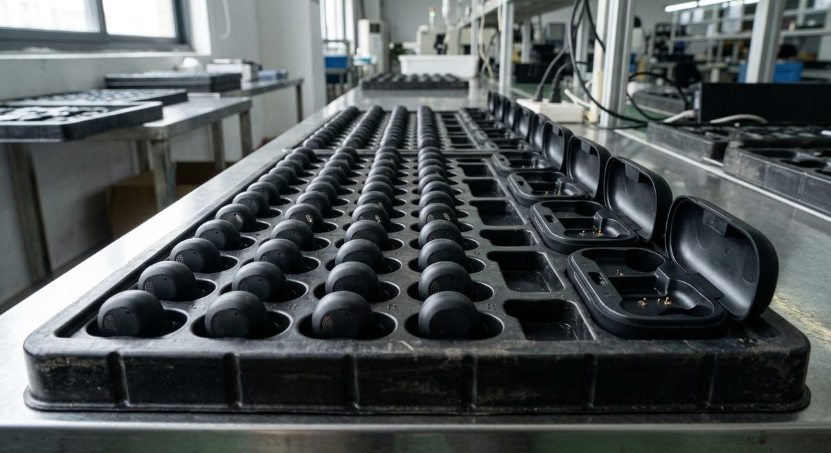 One Wireless Earbud Order, Followed from Enquiry to Delivery - Wireless earbud shells and charging cases in an assembly tray