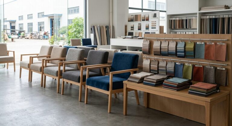 What You Actually Pay For in an Office Chair Made in China - Upholstered chair frames and fabric swatches in a furniture showroom