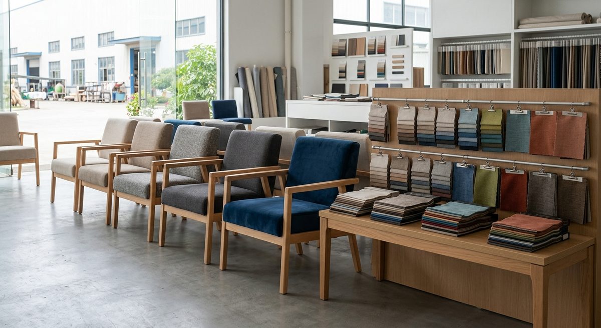What You Actually Pay For in an Office Chair Made in China - Upholstered chair frames and fabric swatches in a furniture showroom