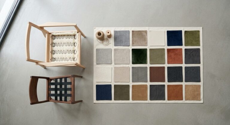Sofa Inspections in Foshan: What Good Quality Control Catches - Upholstered chair frames and fabric swatches in a furniture showroom