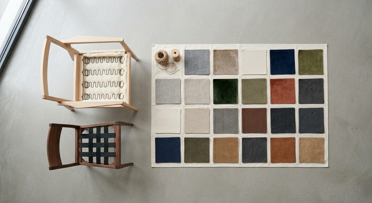 Sofa Inspections in Foshan: What Good Quality Control Catches - Upholstered chair frames and fabric swatches in a furniture showroom