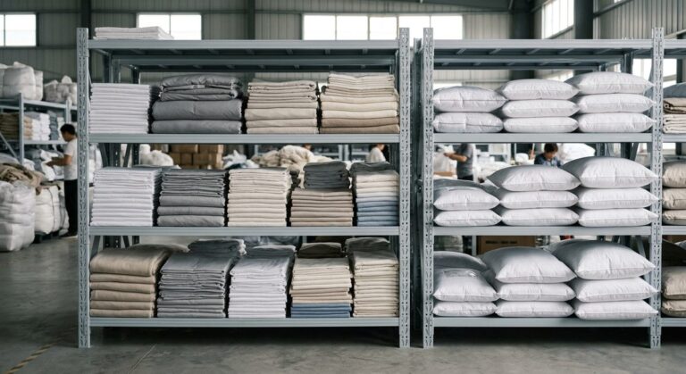 Importing Mattresses from China: Inside the Foshan Bed Belt - Folded bedding and pillow stacks on shelving in a textile warehouse