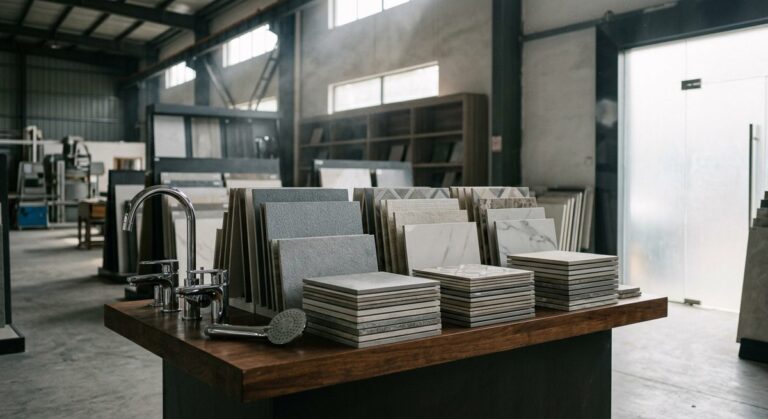 Private Label Ceramic Tiles from China: A Foshan Branding Guide - Stacked ceramic tile samples and chrome fittings in a showroom display