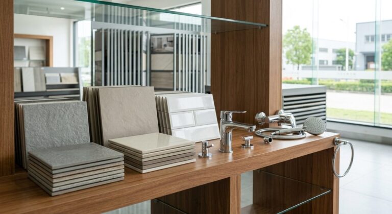 Testing and Paperwork Needed to Import Sanitary Ware from China - Stacked ceramic tile samples and chrome fittings in a showroom display