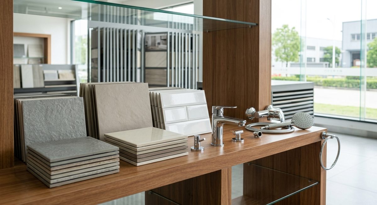 Testing and Paperwork Needed to Import Sanitary Ware from China - Stacked ceramic tile samples and chrome fittings in a showroom display