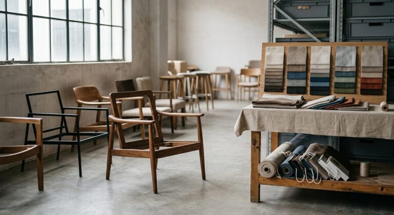 Shipping Kitchen Cabinets from China: Packing That Survives - Upholstered chair frames and fabric swatches in a furniture showroom