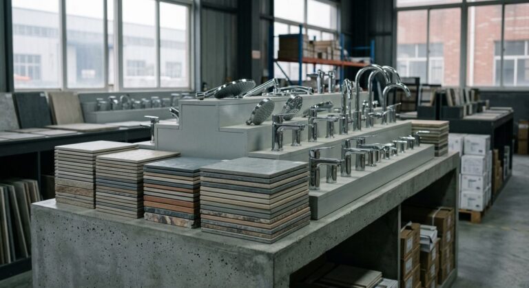 Faucet Samples, MOQs and Payment Terms When Buying from China - Stacked ceramic tile samples and chrome fittings in a showroom display