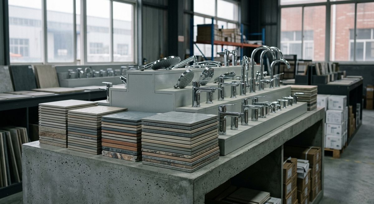 Faucet Samples, MOQs and Payment Terms When Buying from China - Stacked ceramic tile samples and chrome fittings in a showroom display
