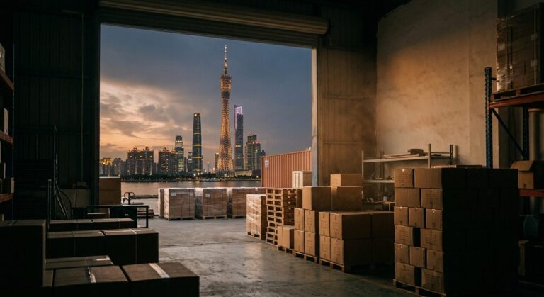Visiting Guzhen Lighting Factories Before Your First Chandelier Order - The Guangzhou skyline over the Pearl River at dusk with the tower lit
