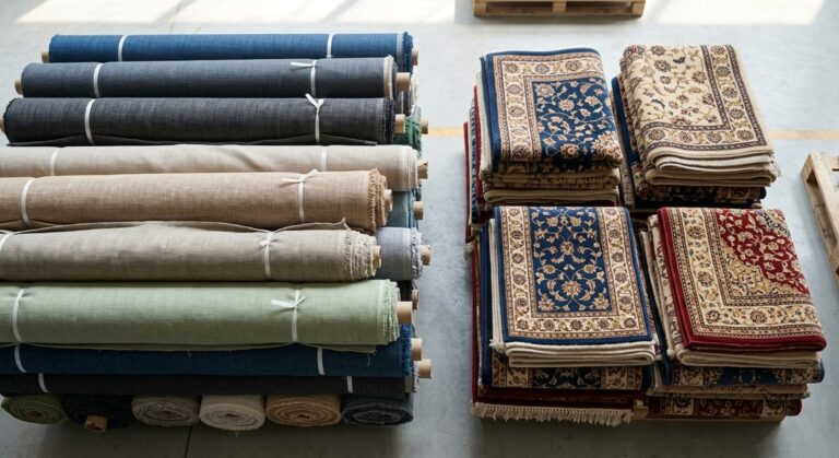 Curtain and Blind Orders from China: What Goes Wrong - Rolled curtain fabric and folded rugs stacked in a soft furnishing warehouse