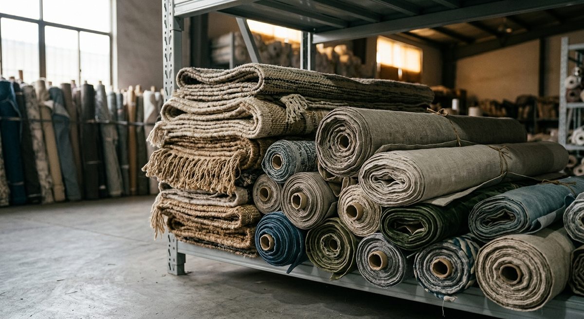 From a Photo to a Delivered Container: One Rug Order from China - Rolled curtain fabric and folded rugs stacked in a soft furnishing warehouse