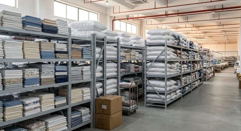 What You Really Pay for in a Bedding Set Made in China - Folded bedding and pillow stacks on shelving in a textile warehouse