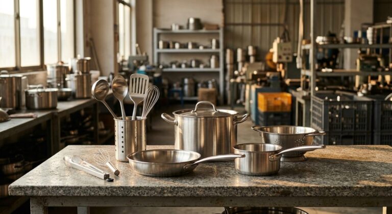 Stainless Steel Cookware from China: A Quality Inspector’s View - Stainless steel cookware and utensils arranged on a stone counter