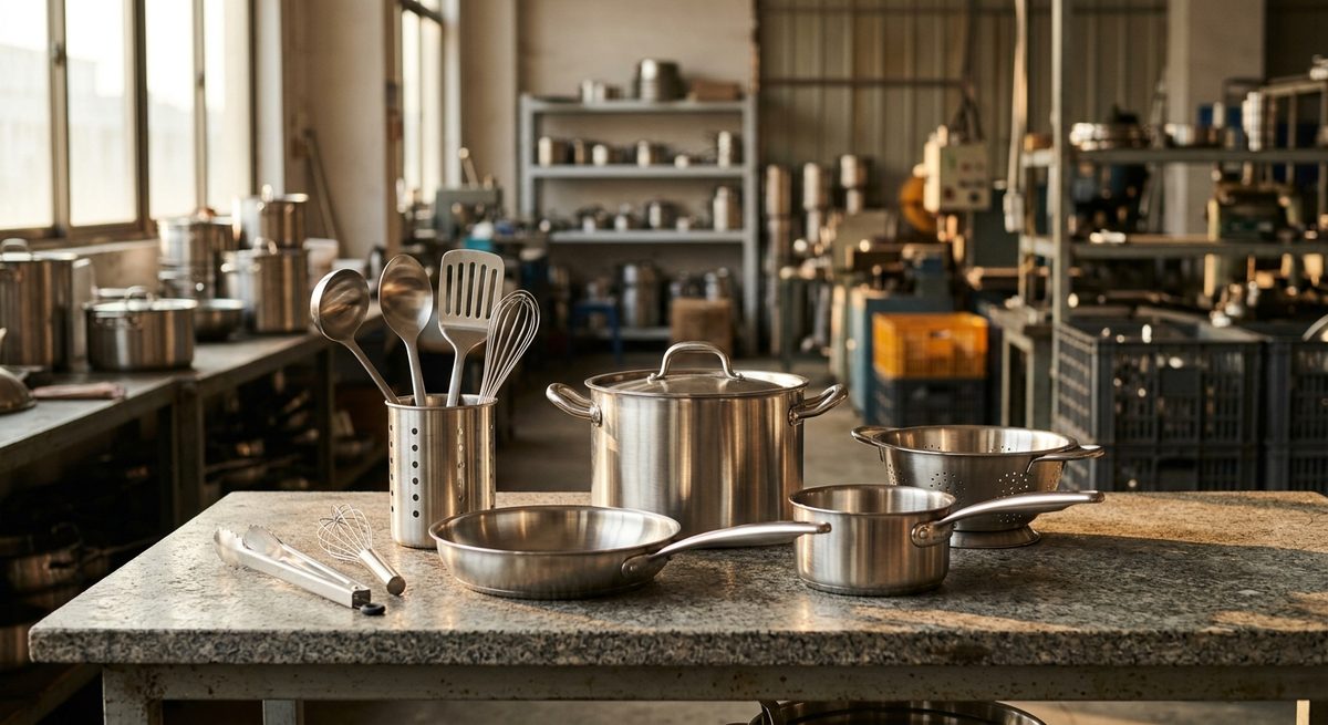 Stainless Steel Cookware from China: A Quality Inspector’s View - Stainless steel cookware and utensils arranged on a stone counter