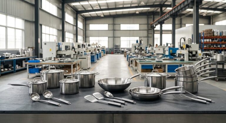 Silicone Kitchenware from China: A Map of the Moulding Towns - Stainless steel cookware and utensils arranged on a stone counter