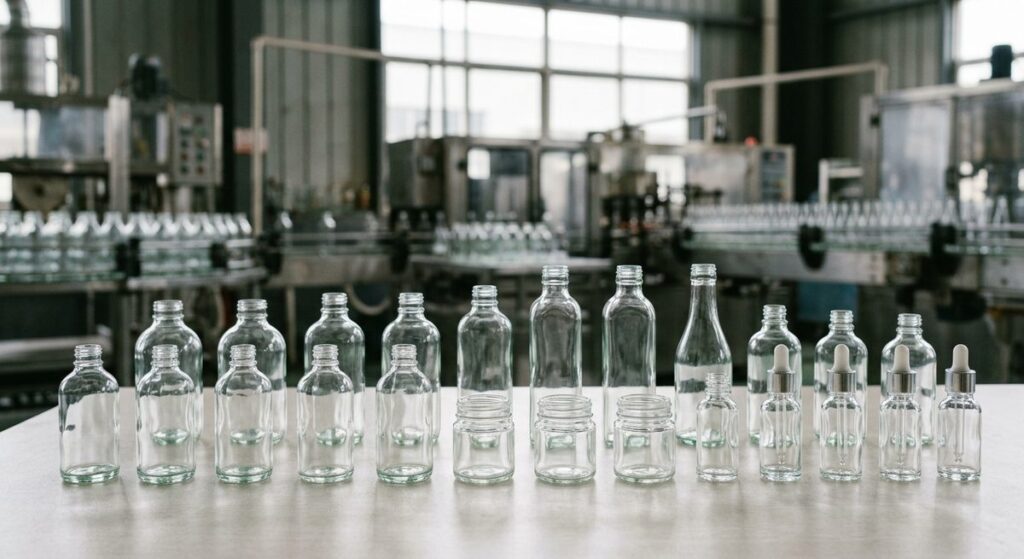 Private Label Glassware from China: Decoration to Packaging - Clear glass bottles and jars lined up on a light table