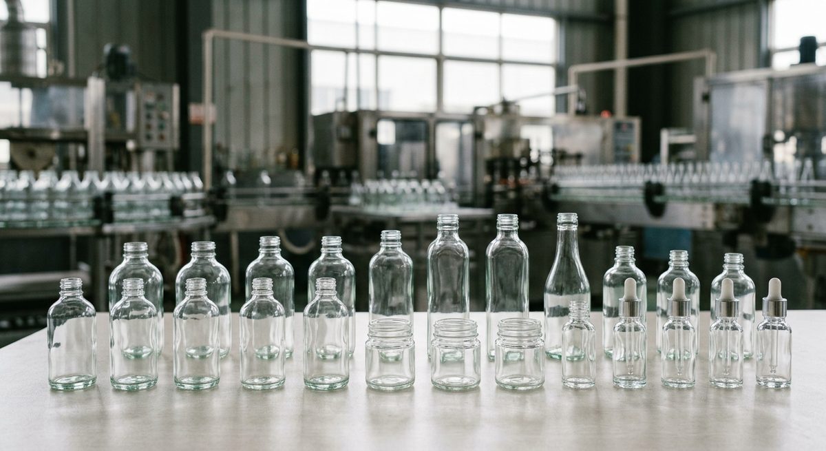 Private Label Glassware from China: Decoration to Packaging - Clear glass bottles and jars lined up on a light table