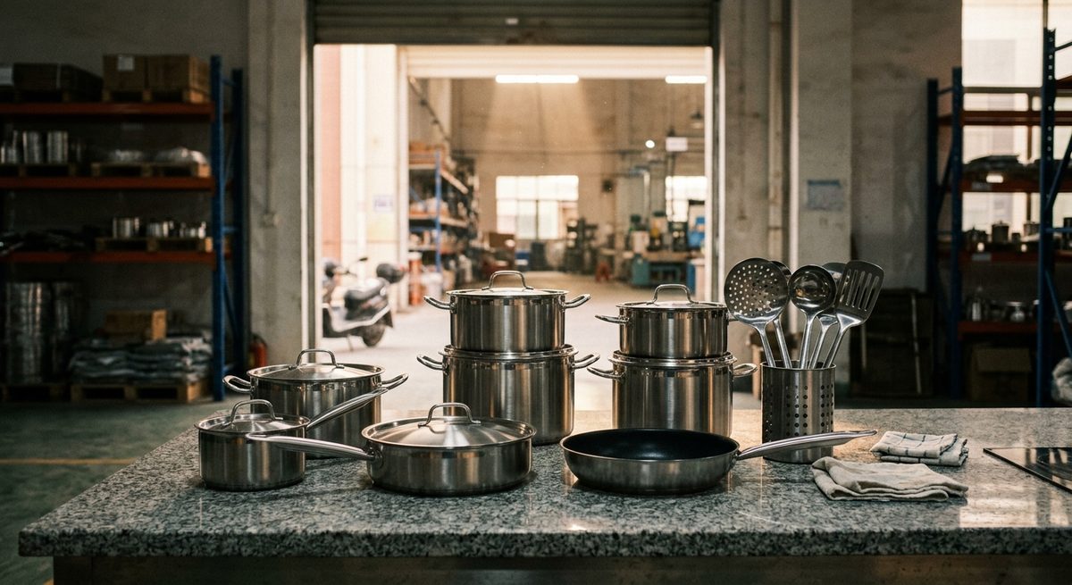 Ceramic Tableware from China: The Tests and Papers You Need - Stainless steel cookware and utensils arranged on a stone counter