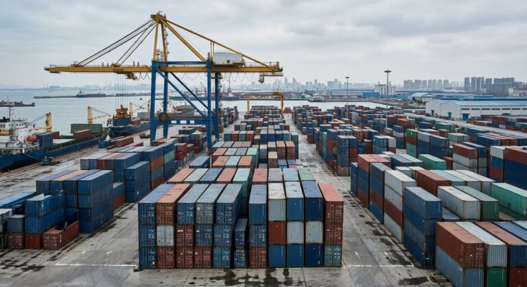 Plastic Housewares from China: Packing and Freight, Explained - Stacked shipping containers and a gantry crane at a container terminal
