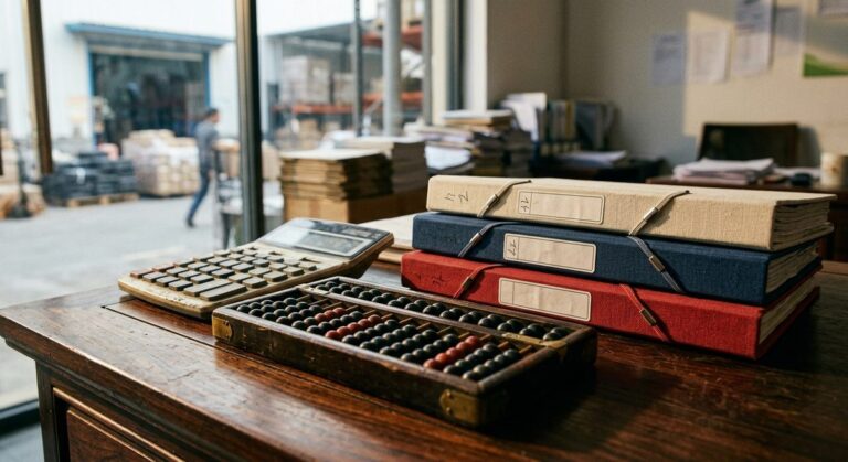 Artificial Plants from China: Samples, MOQs and Payment Terms - An abacus, a calculator and quotation folders on a dark wooden desk