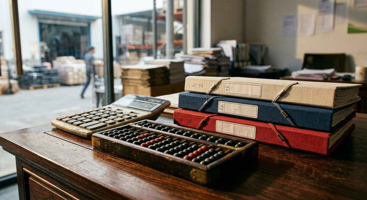Artificial Plants from China: Samples, MOQs and Payment Terms - An abacus, a calculator and quotation folders on a dark wooden desk