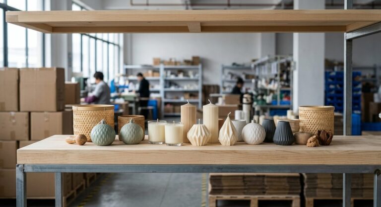 Visiting Picture Frame and Wall Art Factories Around Guangzhou - Decorative candles and ornaments styled on a light wooden shelf