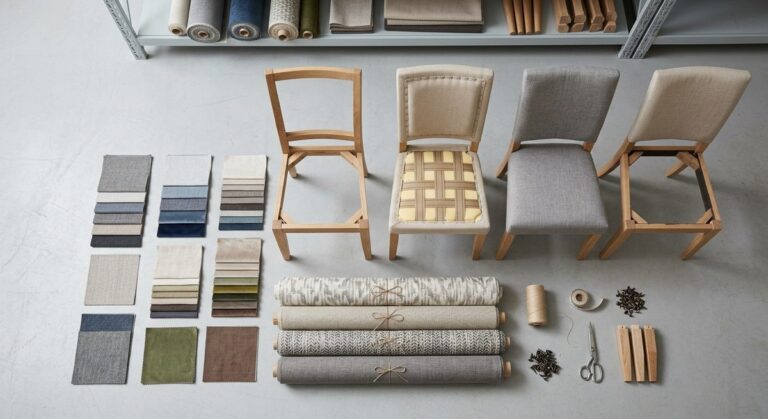 An Outdoor Furniture Order from Foshan, Step by Step - Upholstered chair frames and fabric swatches in a furniture showroom