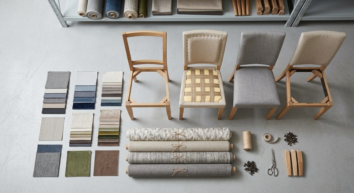 An Outdoor Furniture Order from Foshan, Step by Step - Upholstered chair frames and fabric swatches in a furniture showroom