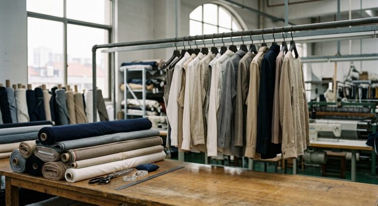 The Real Cost of Importing Custom Printed T Shirts from China - Garment samples on hangers beside a cutting table stacked with fabric