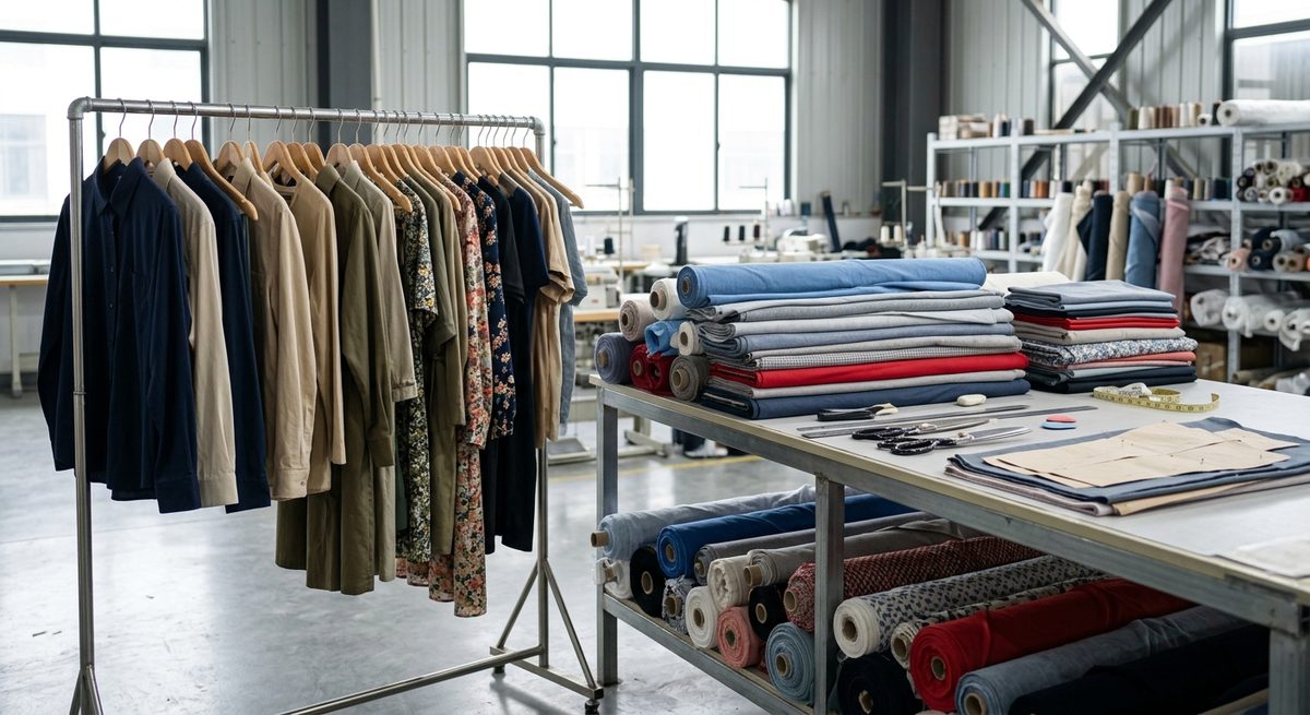 Hoodie Quality Control: Inspecting Sweatshirts in Guangzhou - Garment samples on hangers beside a cutting table stacked with fabric