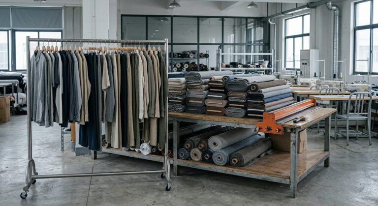 The Guangdong Knitwear Map Behind Every Pair of Leggings - Garment samples on hangers beside a cutting table stacked with fabric