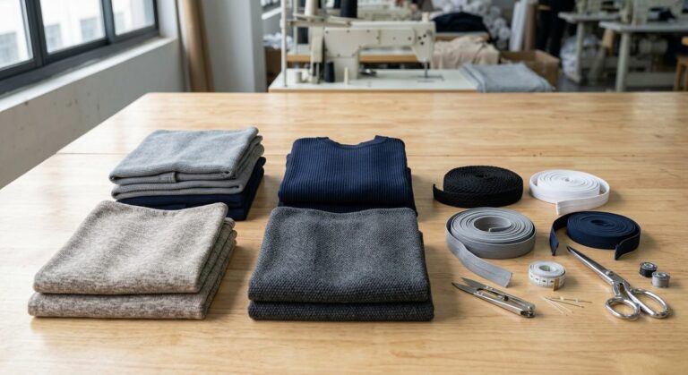 Building a Swimwear Label with Xingcheng and Guangdong Mills - Folded knitted fabric panels and elastic trims on a sewing room table