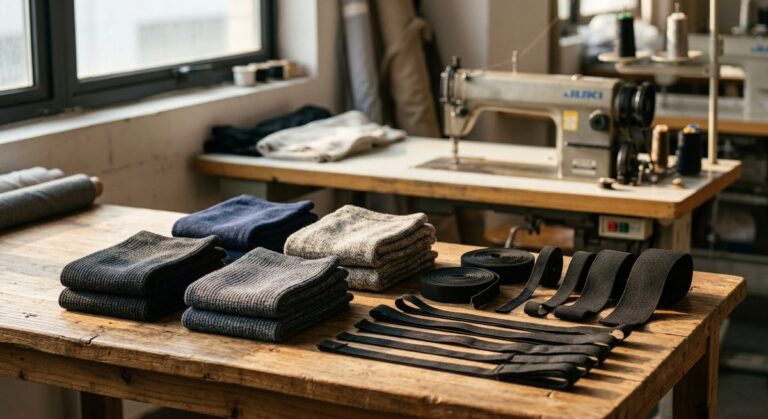 Test Reports That Matter for Underwear and Sock Imports - Folded knitted fabric panels and elastic trims on a sewing room table