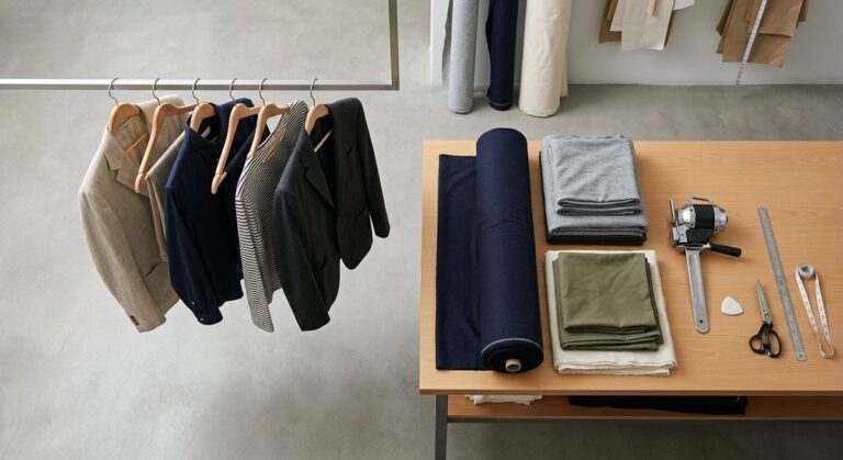 Cartons, Kilograms and Containers: Shipping Jeans from Xintang - Garment samples on hangers beside a cutting table stacked with fabric