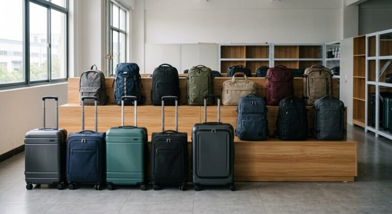 Leather Handbag Orders from China: Problems Buyers Hit and Fixes - Backpacks and rolling luggage lined up in a sample showroom