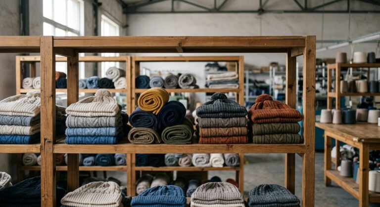 What Drives the Price of a Cap? Cost Anatomy from Guangzhou Factories - Knitted caps and scarves folded in stacks on a shelf