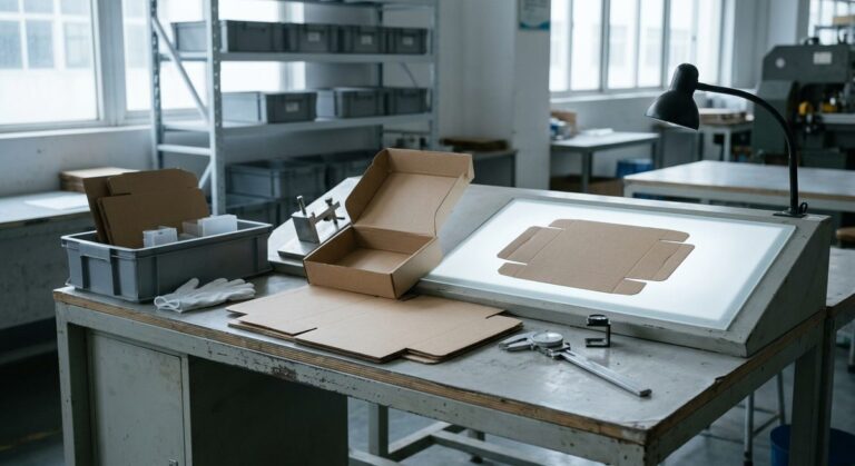 Quality Inspection for Leather Belts: Catching Defects in Shiling - Inspection bench with calipers, a light box and sample cartons opened for checking