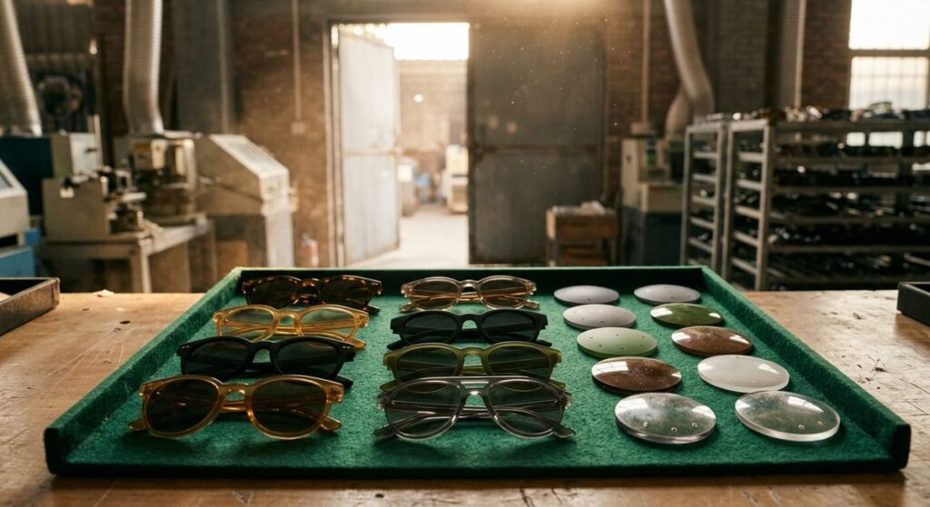 Putting Your Own Label on Sunglasses Made in South China - Sunglasses frames and lens blanks laid out on a felt tray