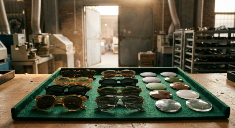 Putting Your Own Label on Sunglasses Made in South China - Sunglasses frames and lens blanks laid out on a felt tray