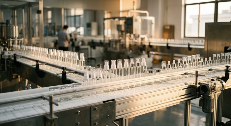 Skincare OEM in Guangzhou: Samples, Minimums and the Money - Empty cosmetic bottles, jars and pumps arranged on a white filling line