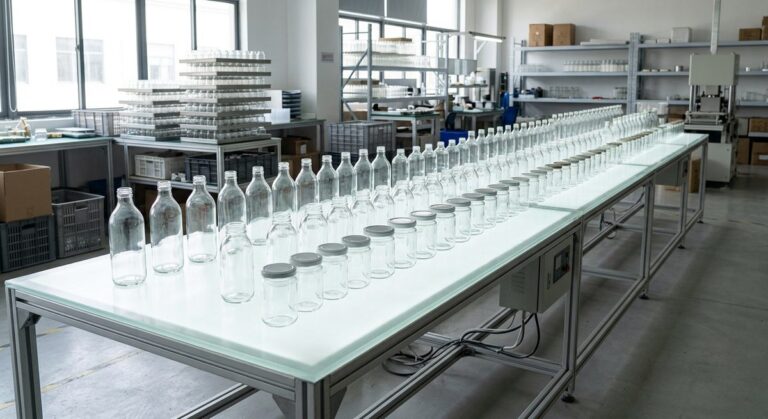 Walking a Baiyun Packaging Factory Before You Order a Single Jar - Clear glass bottles and jars lined up on a light table