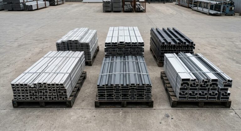 Door Orders From Foshan: The Problems Buyers Actually Hit - Stacked aluminium extrusion profiles and window frame sections in a yard