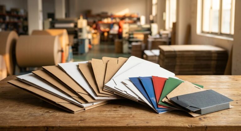 From First Email to Full Container: A Storage Box Order, Step by Step - Flat folded cartons and printed packaging samples fanned on a table