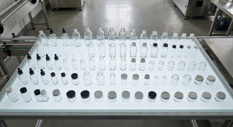 What You’re Really Paying For in a Bottle of Guangzhou Perfume - Clear glass bottles and jars lined up on a light table