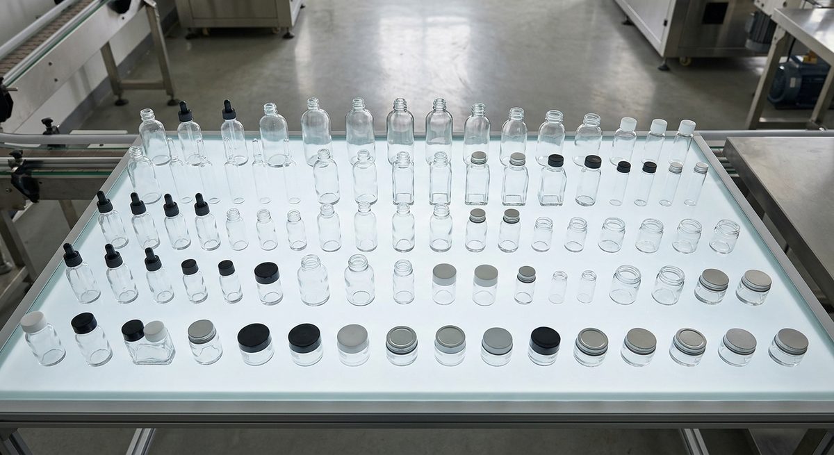 What You’re Really Paying For in a Bottle of Guangzhou Perfume - Clear glass bottles and jars lined up on a light table