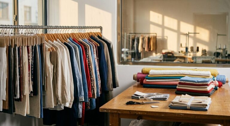 The Defects We Catch in Tennis Dress Orders Before They Ship - Garment samples on hangers beside a cutting table stacked with fabric