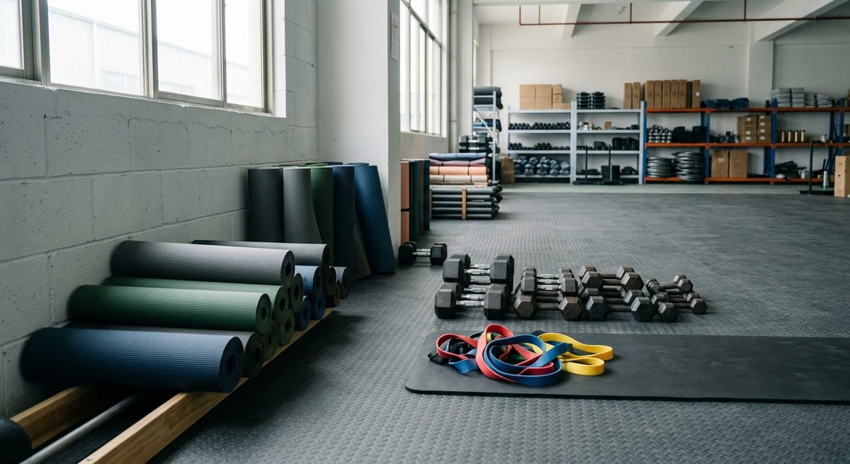 Yoga Mat Country: Mapping the Pearl River Delta’s Foam and Rubber Plants - Rolled yoga mats, dumbbells and resistance bands on a gym floor