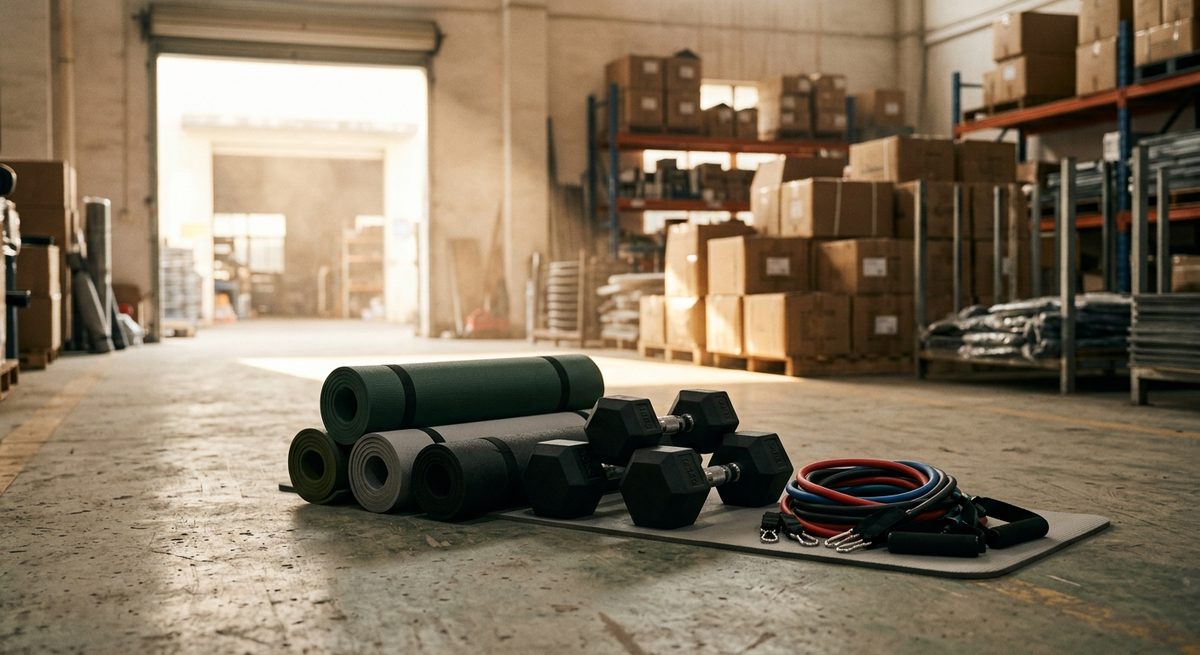 Putting Your Own Name on Iron: Private Label Home Gym Equipment - Rolled yoga mats, dumbbells and resistance bands on a gym floor