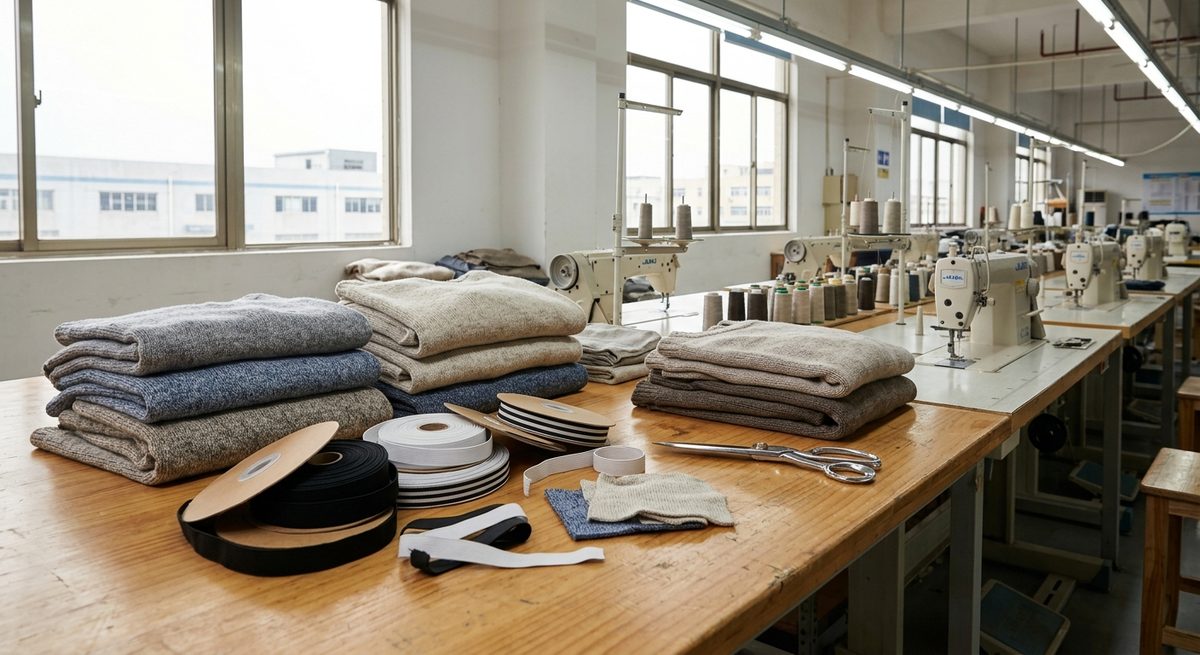 Silk, Lace and Lab Reports: The Compliance Side of Lingerie Buying - Folded knitted fabric panels and elastic trims on a sewing room table